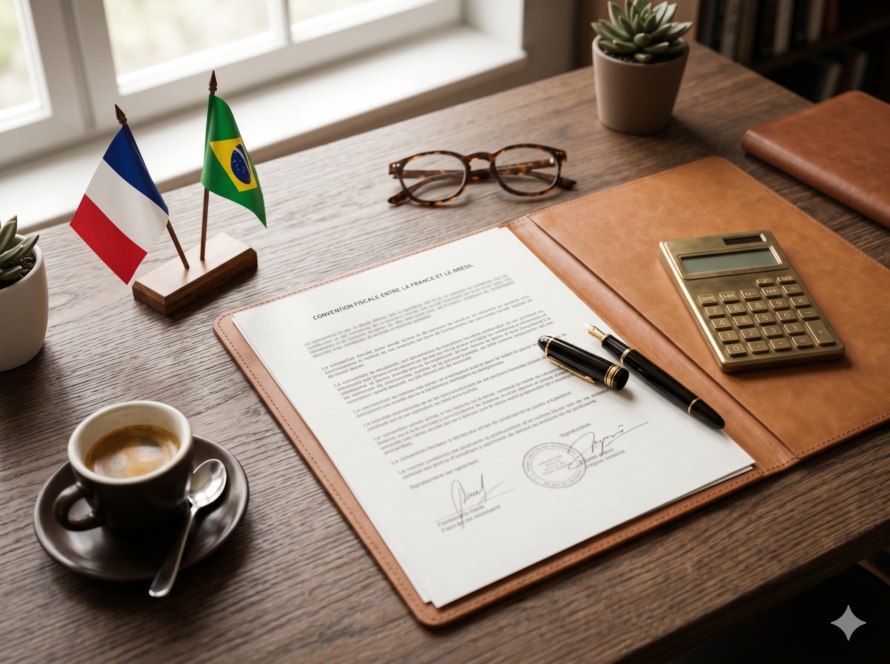 Document de la convention fiscale entre la France et le Brésil avec drapeaux, stylo plume et calculatrice sur un bureau